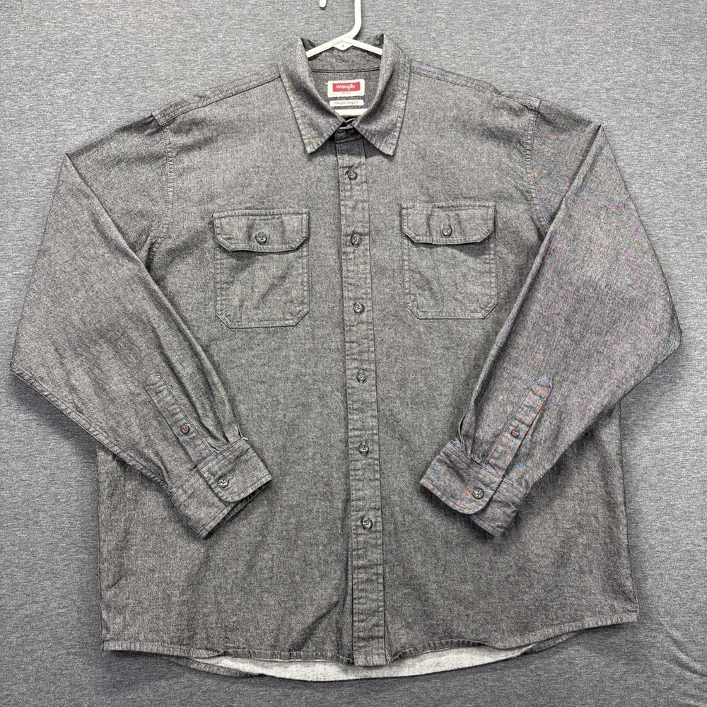 Wrangler Shirt Mens XL Flex Fit Chambray Charcoal Long Sleeve Workwear Outdoors - Picture 2 of 9
